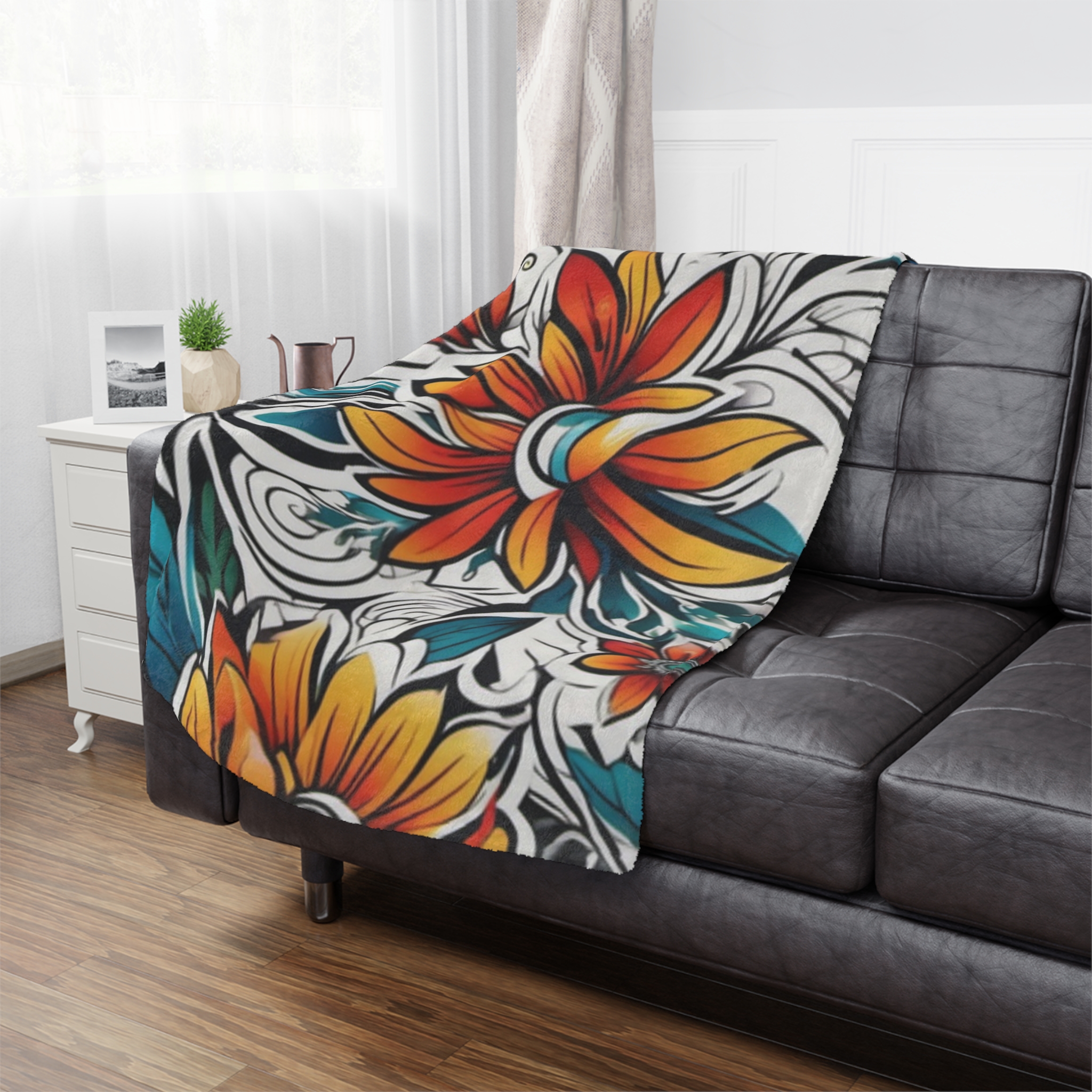 Floral Boho Minky Blanket – Vibrant Orange & Teal Flower Throw - Image 12