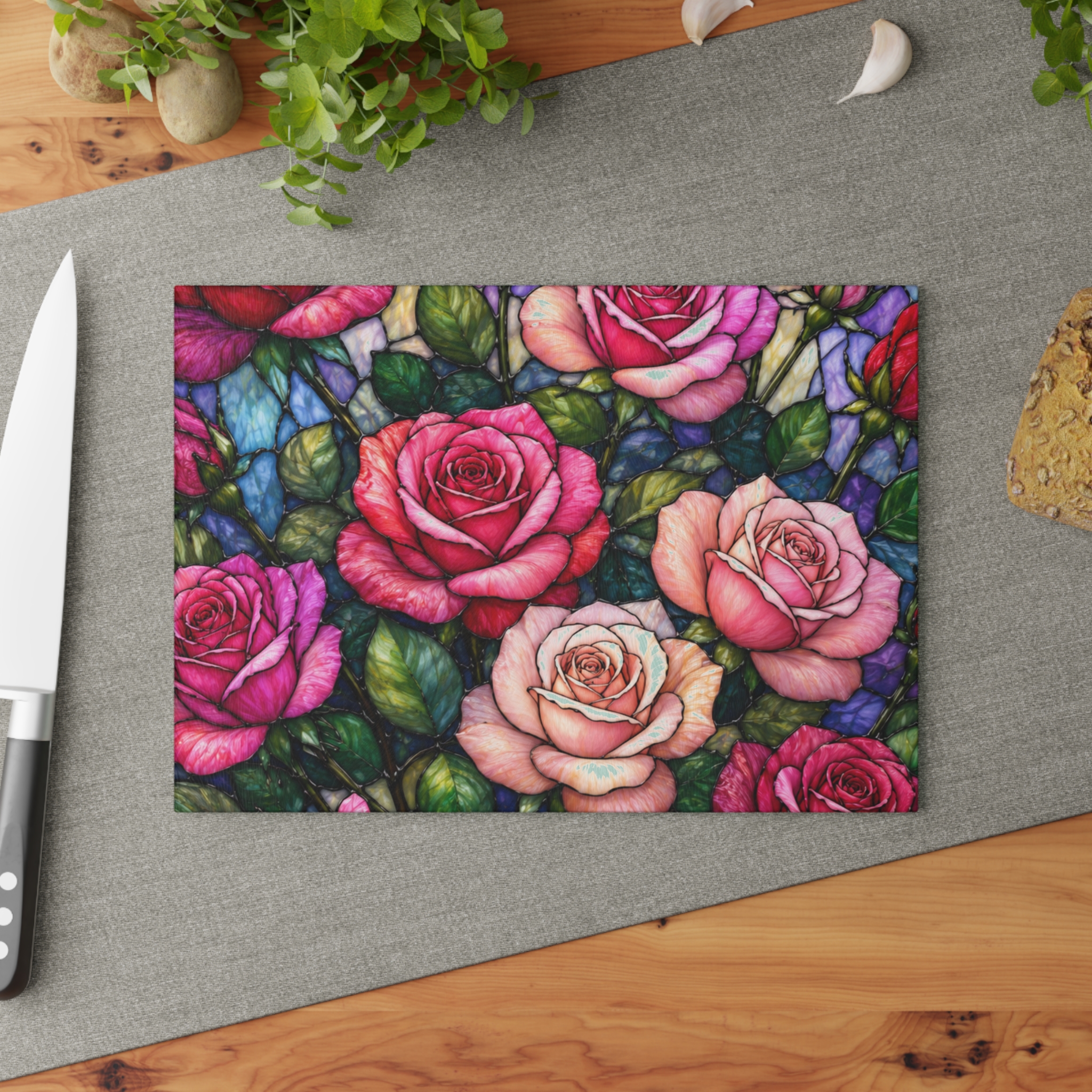 Floral Rose Stained-Glass Glass Cutting Board