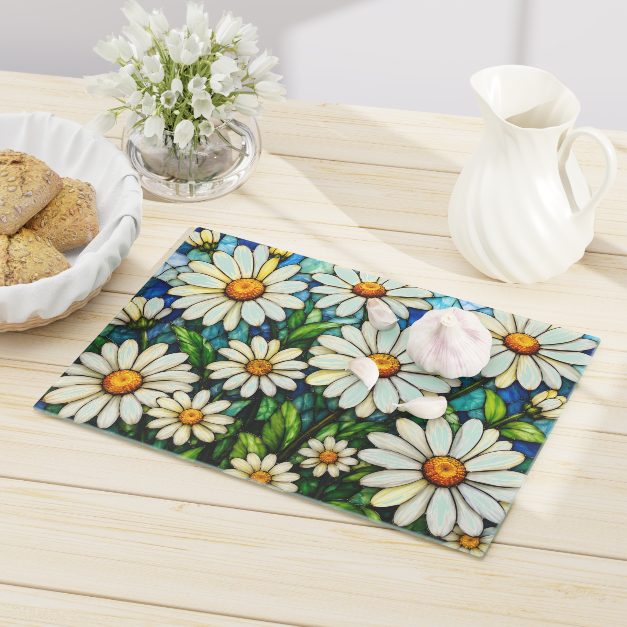 Daisy Meadow Glass Cutting Board — Floral Kitchen Serving & Prep Board