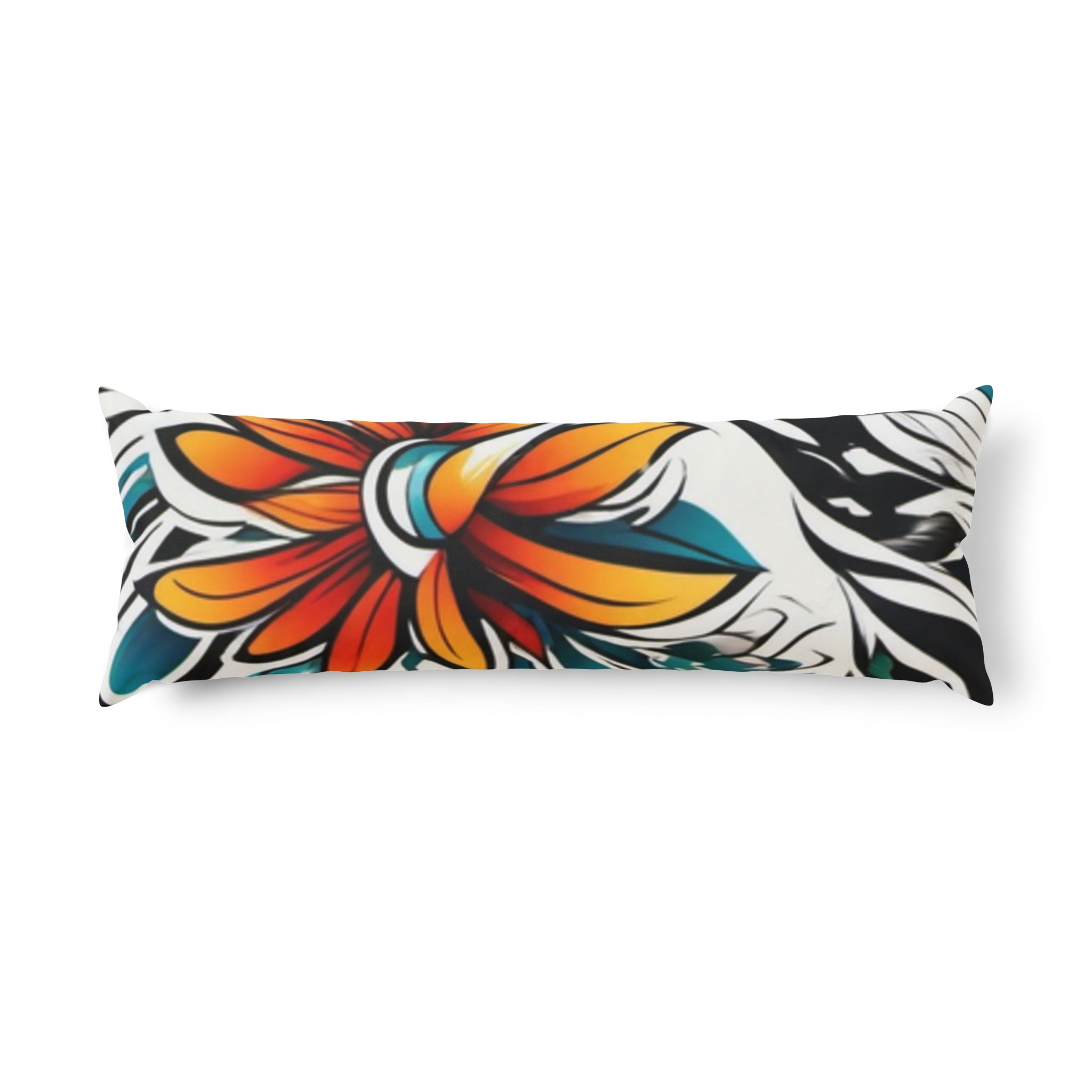 Tropical Floral Body Pillow - Colorful Hibiscus Tattoo Design Decorative Lumbar Cushion