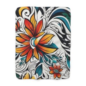 Tropical Floral Sherpa Blanket – Vibrant Orange & Teal Plumeria Throw