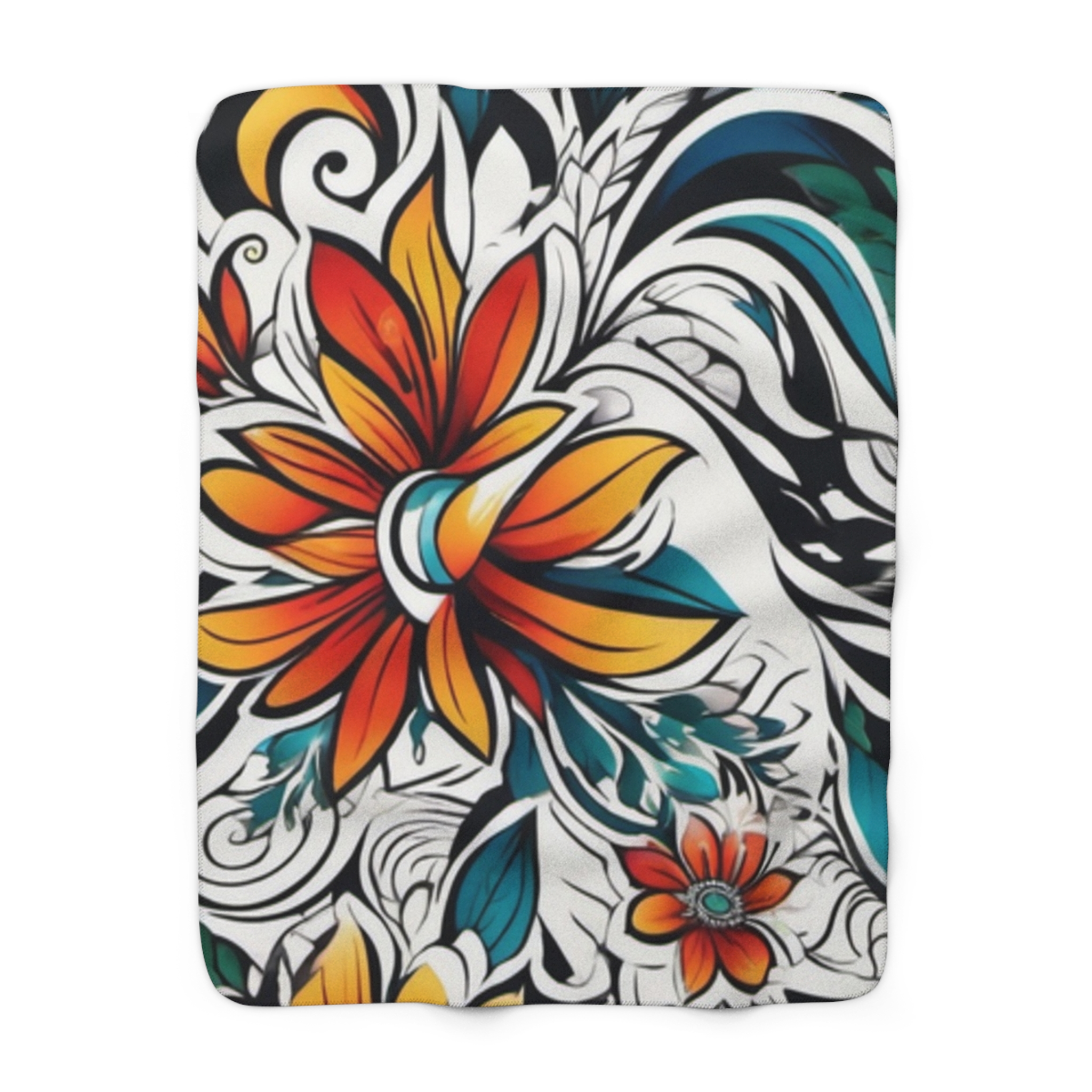 Tropical Floral Sherpa Blanket – Vibrant Orange & Teal Plumeria Throw