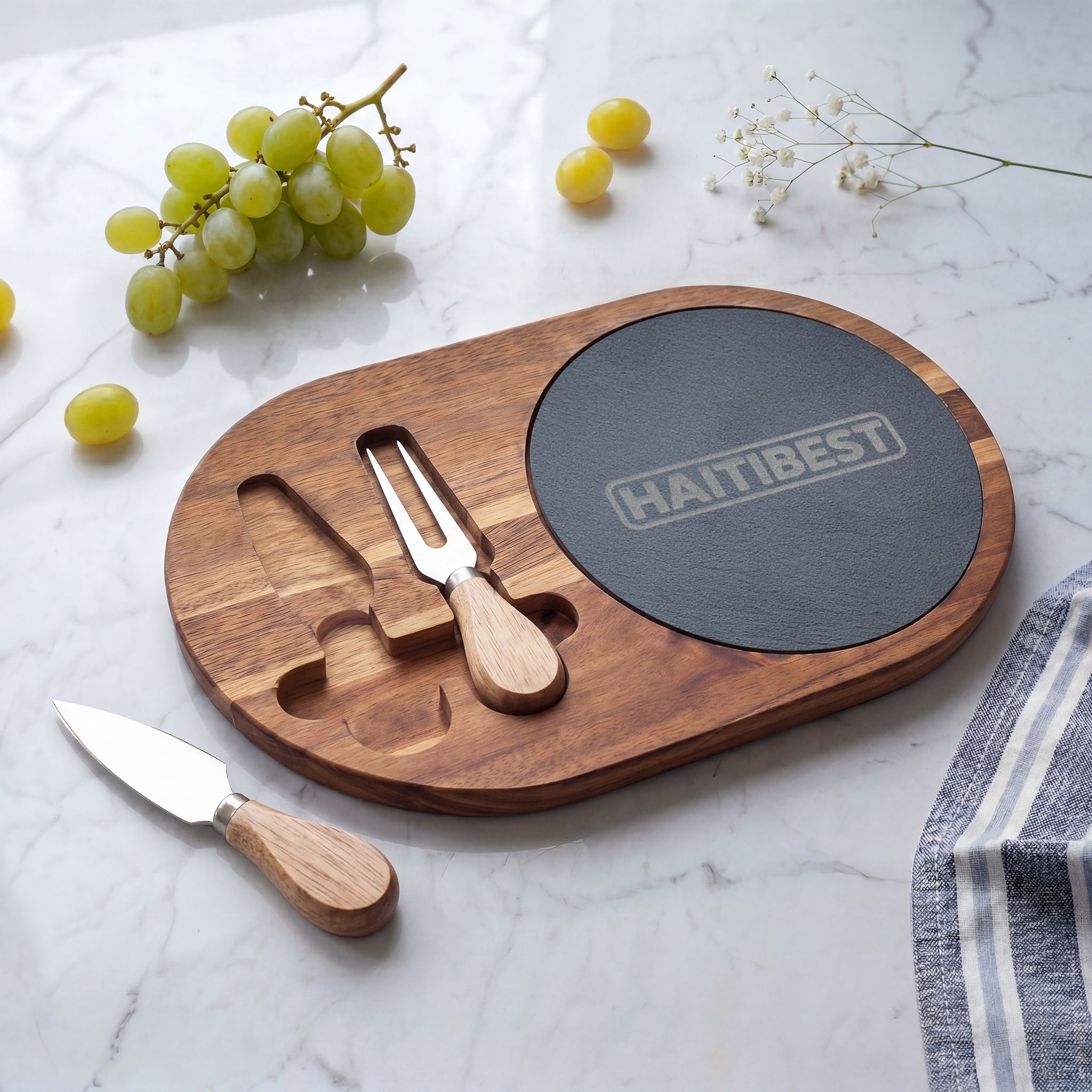 Engraved Acacia & Slate Charcuterie Board Set – Personalized Cheese Board with Knives - Image 4