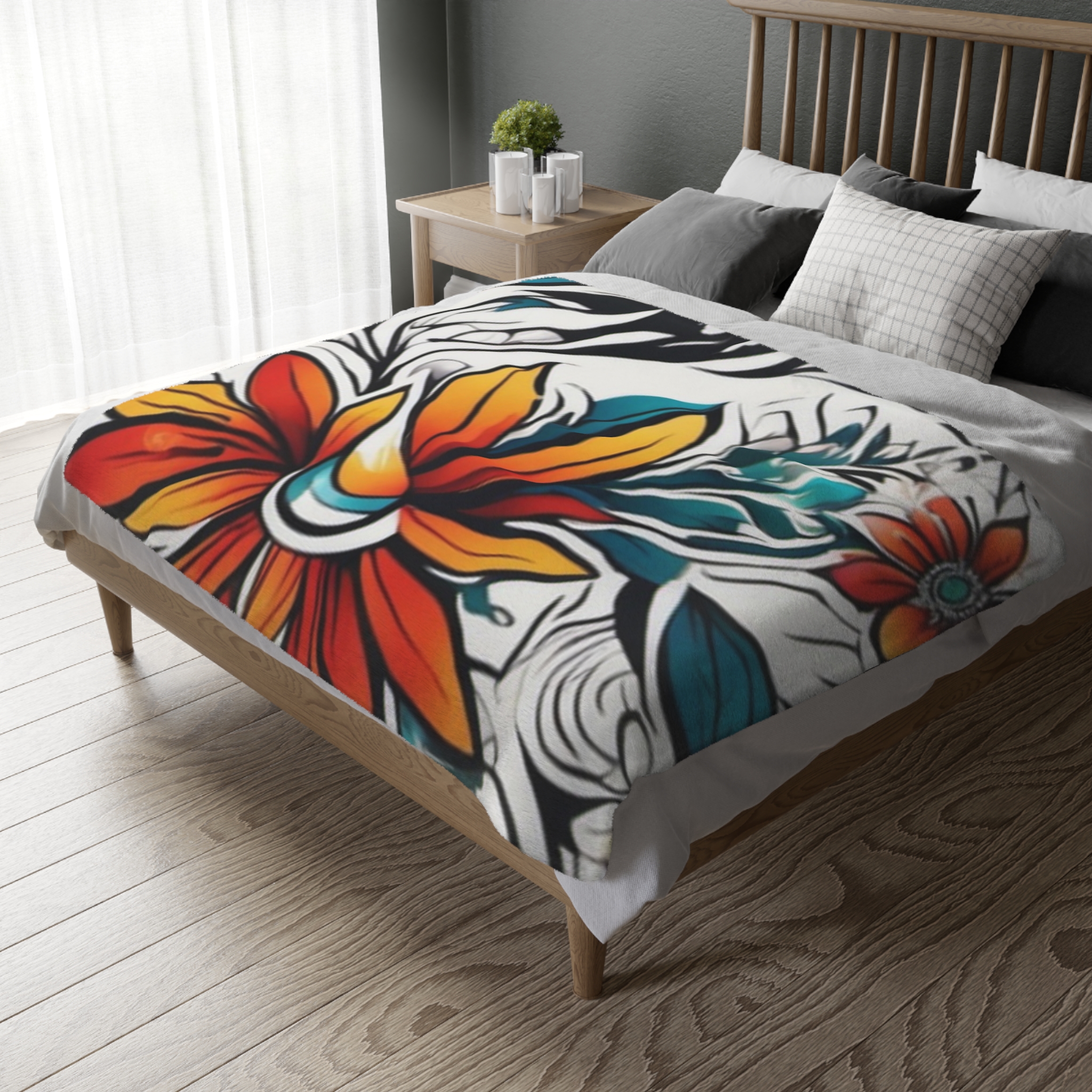 Floral Velvet Throw Blanket — Vibrant Orange & Teal Tropical Flower Microfiber - Image 8