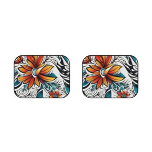 Floral Tattoo-Style Rear Car Mats — Orange Teal Blossom (Set of 2)