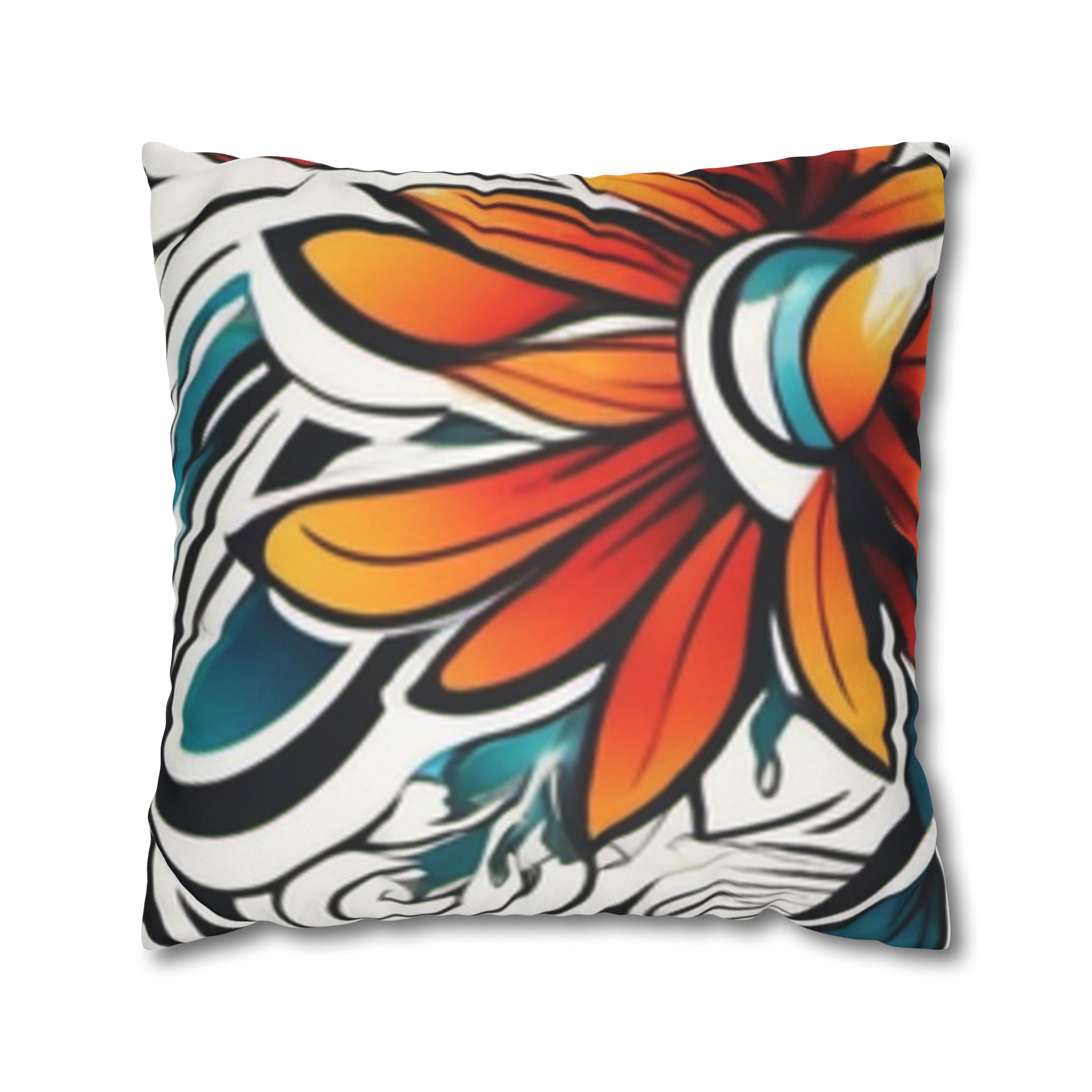 Boho Floral Throw Pillowcase — Colorful Orange Teal Faux Suede Square Pillow - Image 13