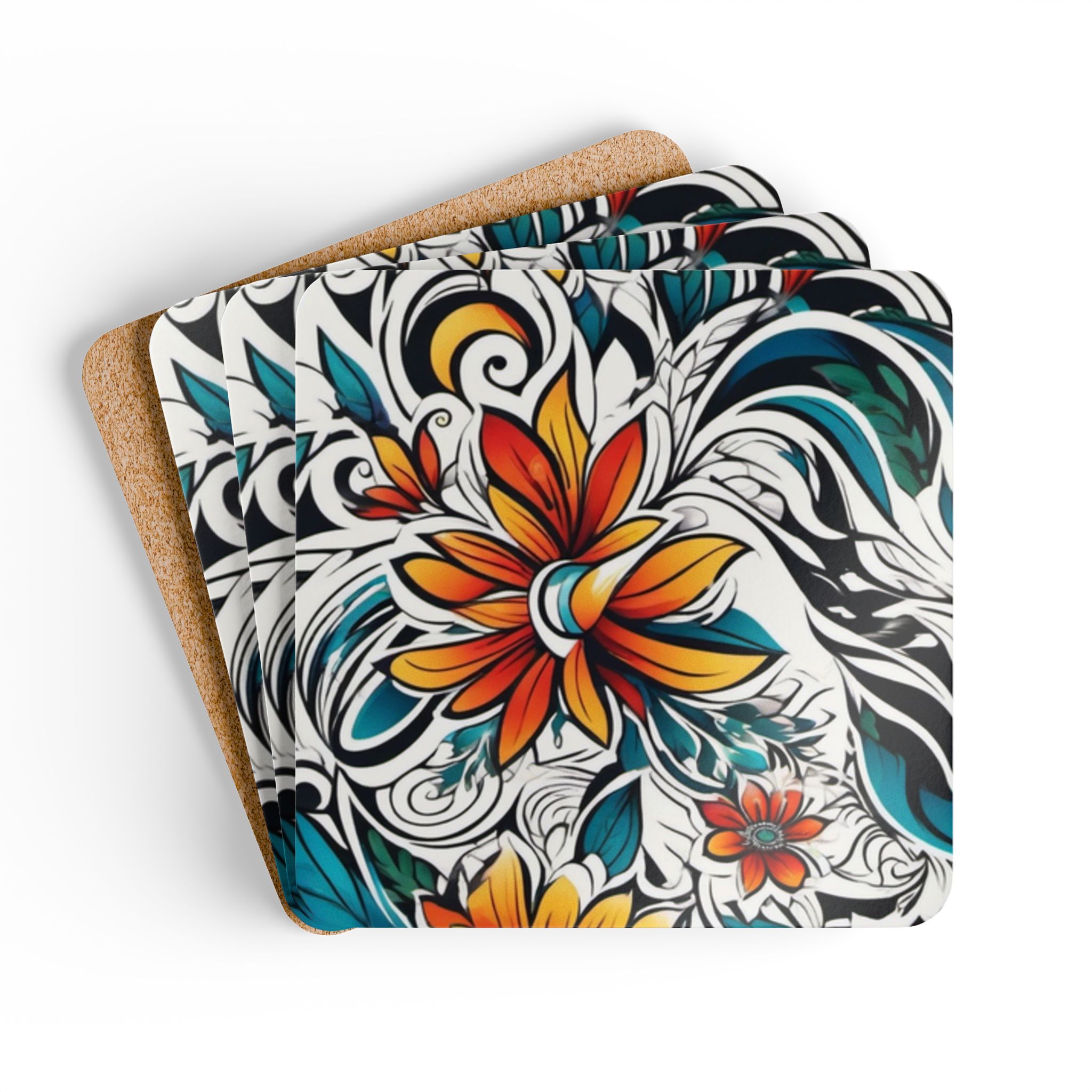 Floral Boho Coaster Set (4) — Vibrant Orange & Teal Flower Cork Back Coasters - Image 3