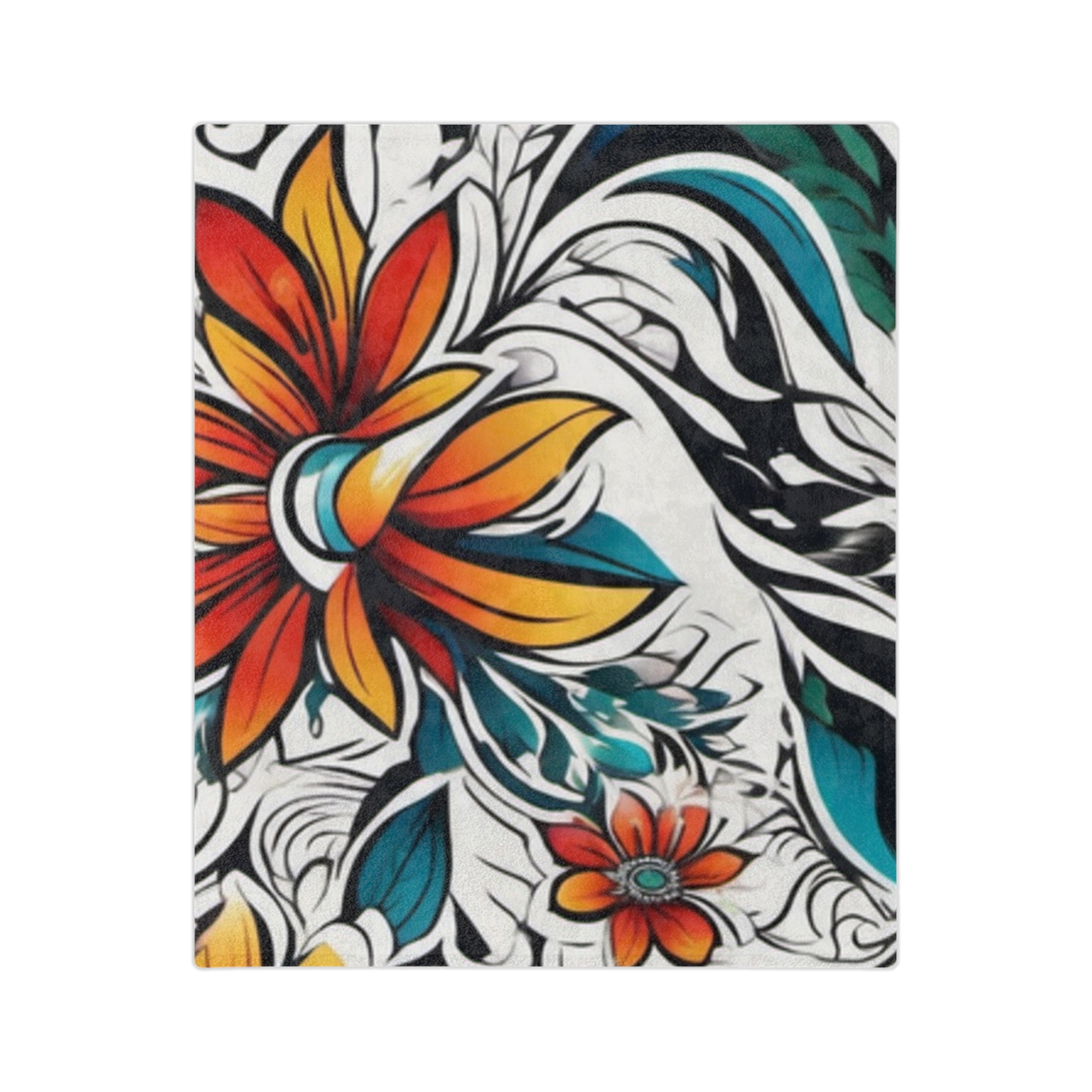 Tropical Floral Velveteen Blanket — Soft Microfiber Throw with Vibrant Orange & Teal Flower Print - Image 5