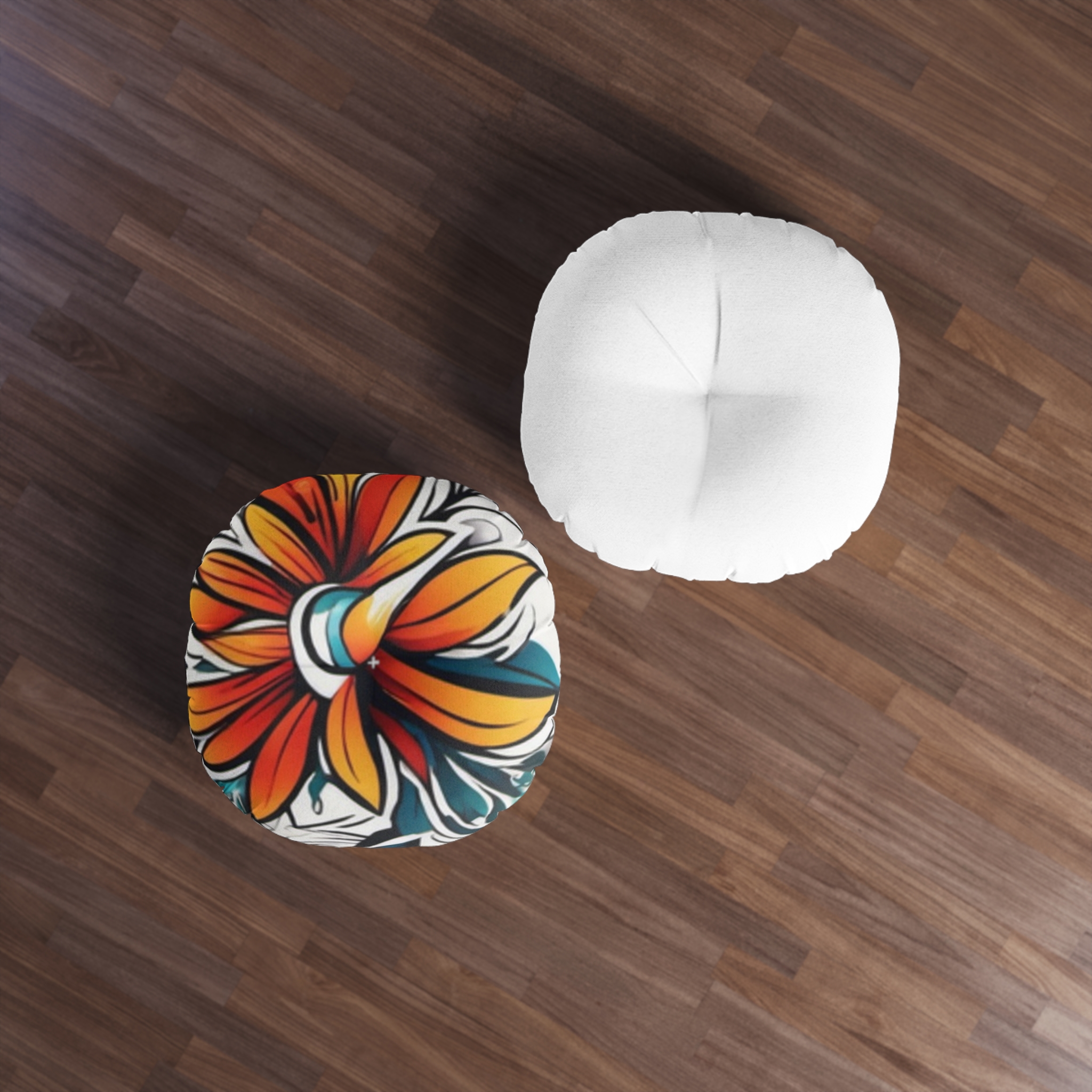 Round Tufted Floor Pillow — Vibrant Tropical Floral Cushion - Image 3