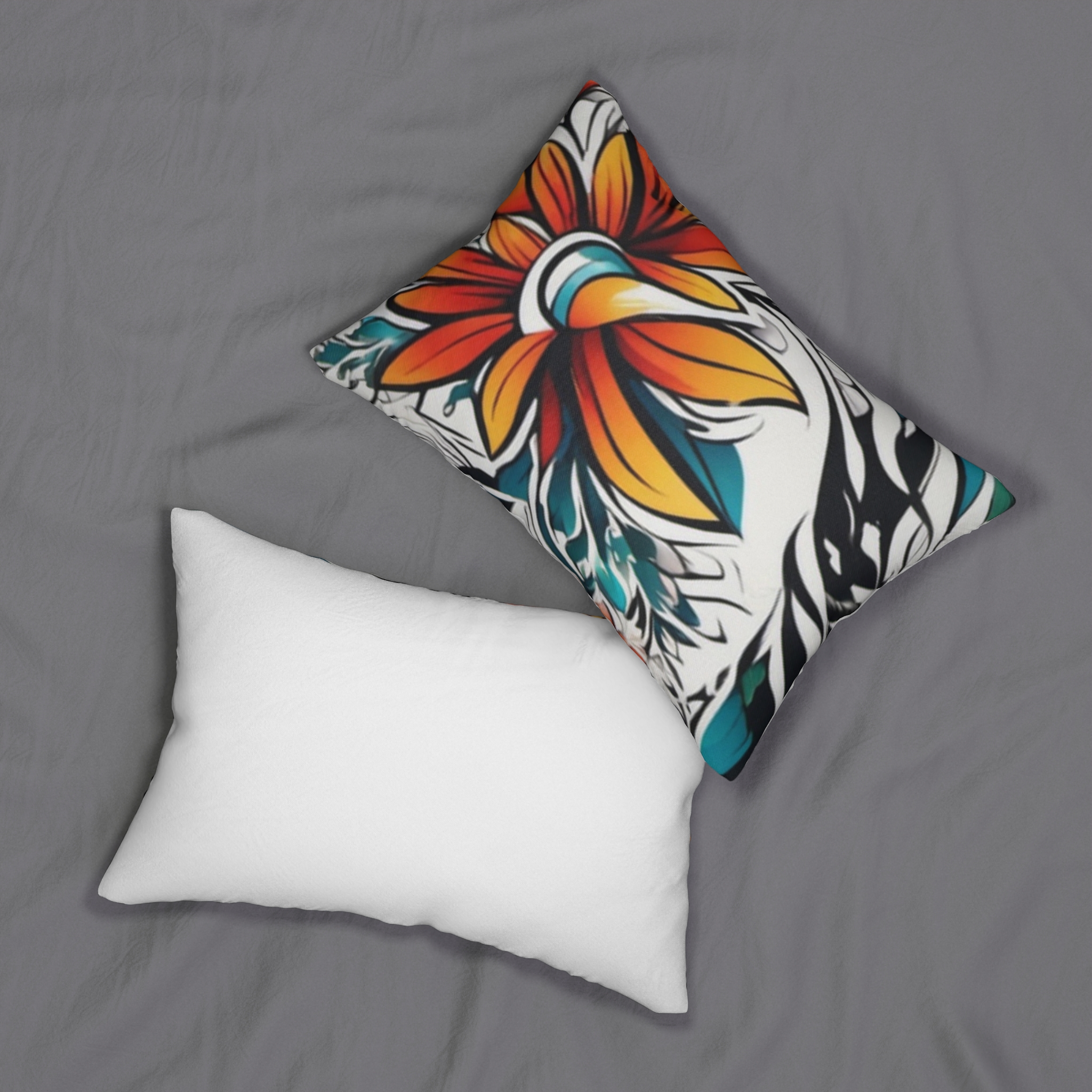 Floral Tattoo-Style Lumbar Pillow — Bold Orange & Teal Accent Cushion - Image 4
