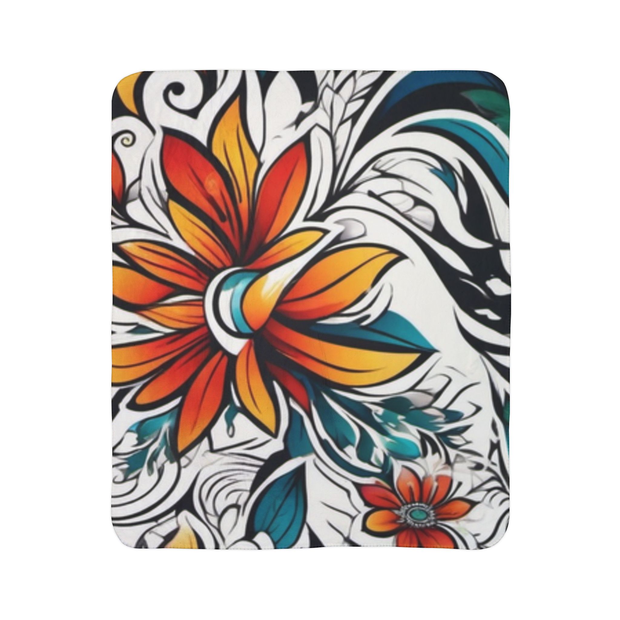 Floral Tropical Sherpa Blanket — Vibrant Orange & Teal Flower Throw - Image 5