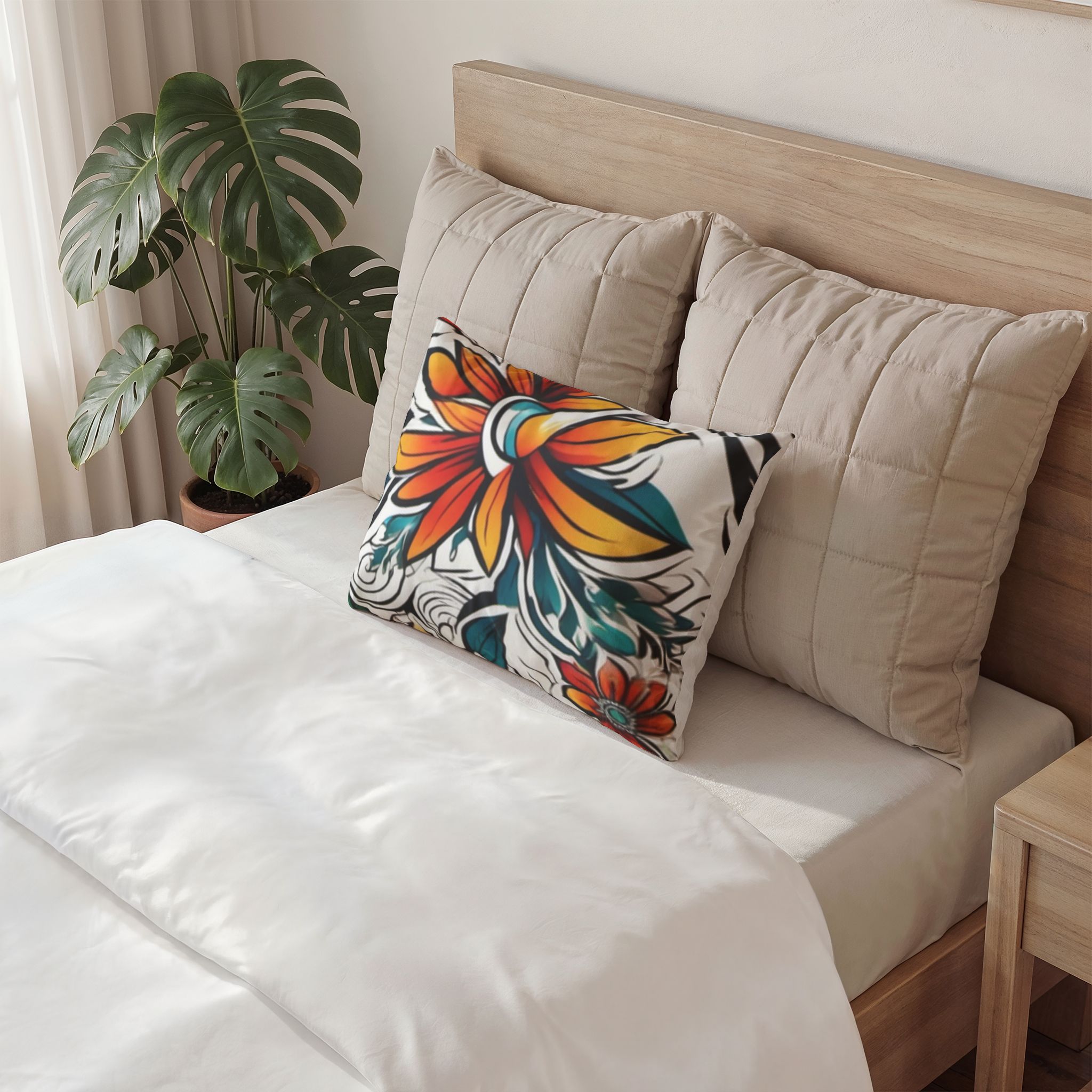 Floral Boho Pillow Sham — Orange & Teal Cotton Throw Pillow Cover - Image 3