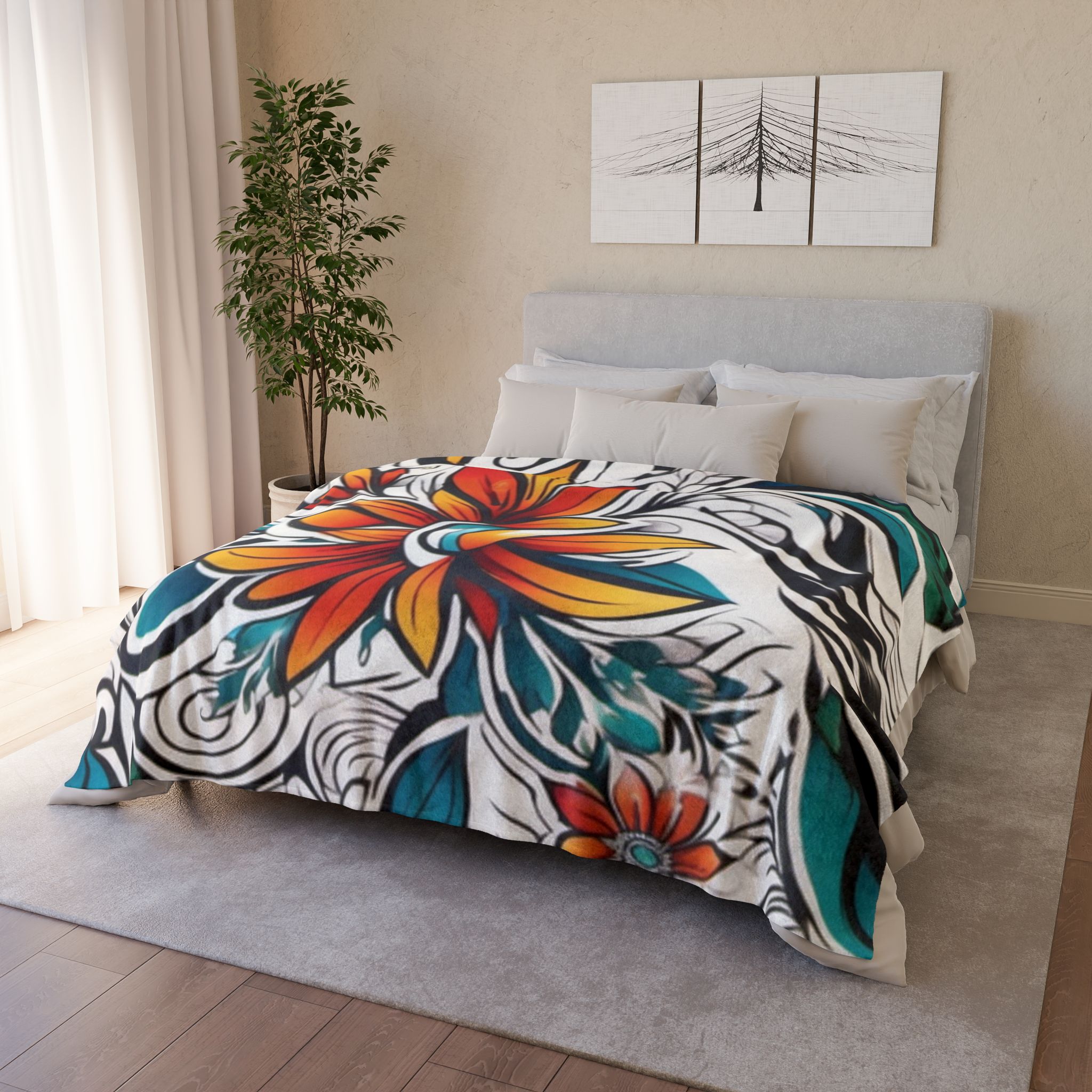 Floral Swirl Polyester Blanket — Vibrant Orange & Teal Bloom Throw - Image 12