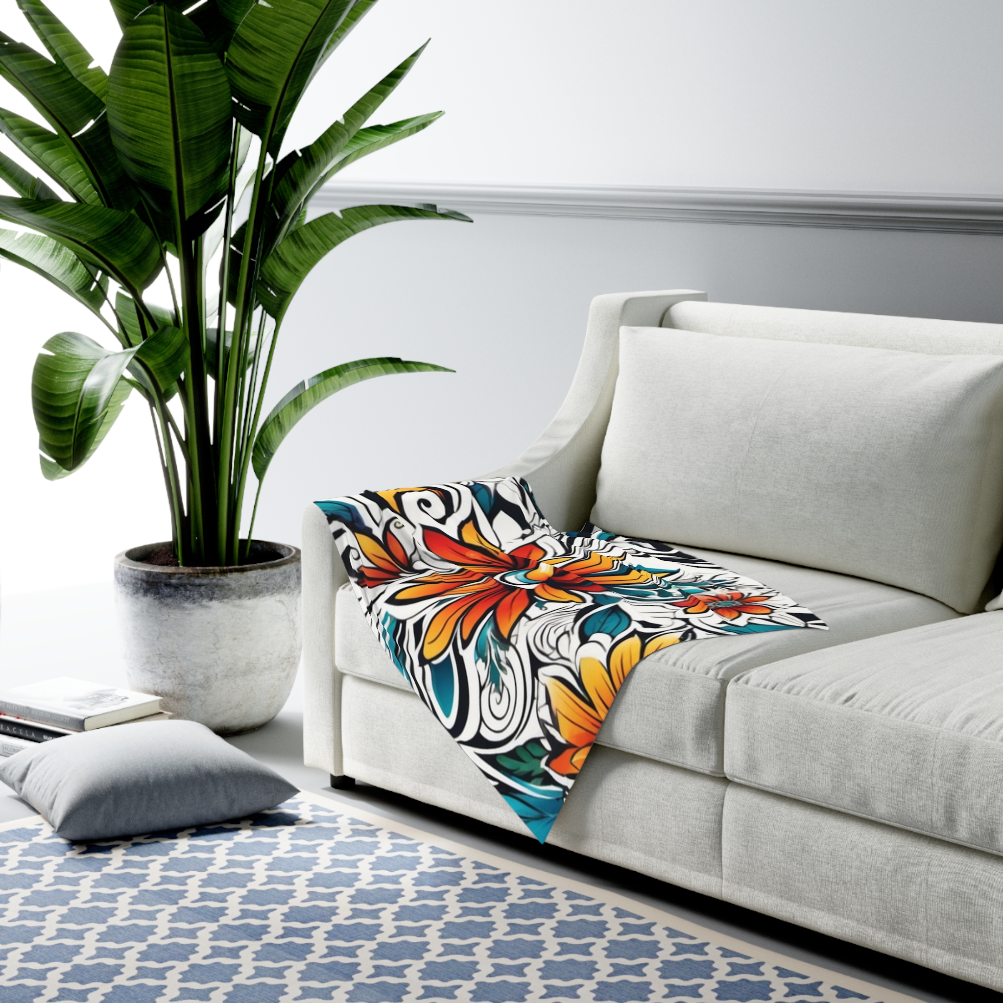 Floral Tropical Baby Swaddle Blanket — Bright Orange & Teal Hibiscus Print - Image 4