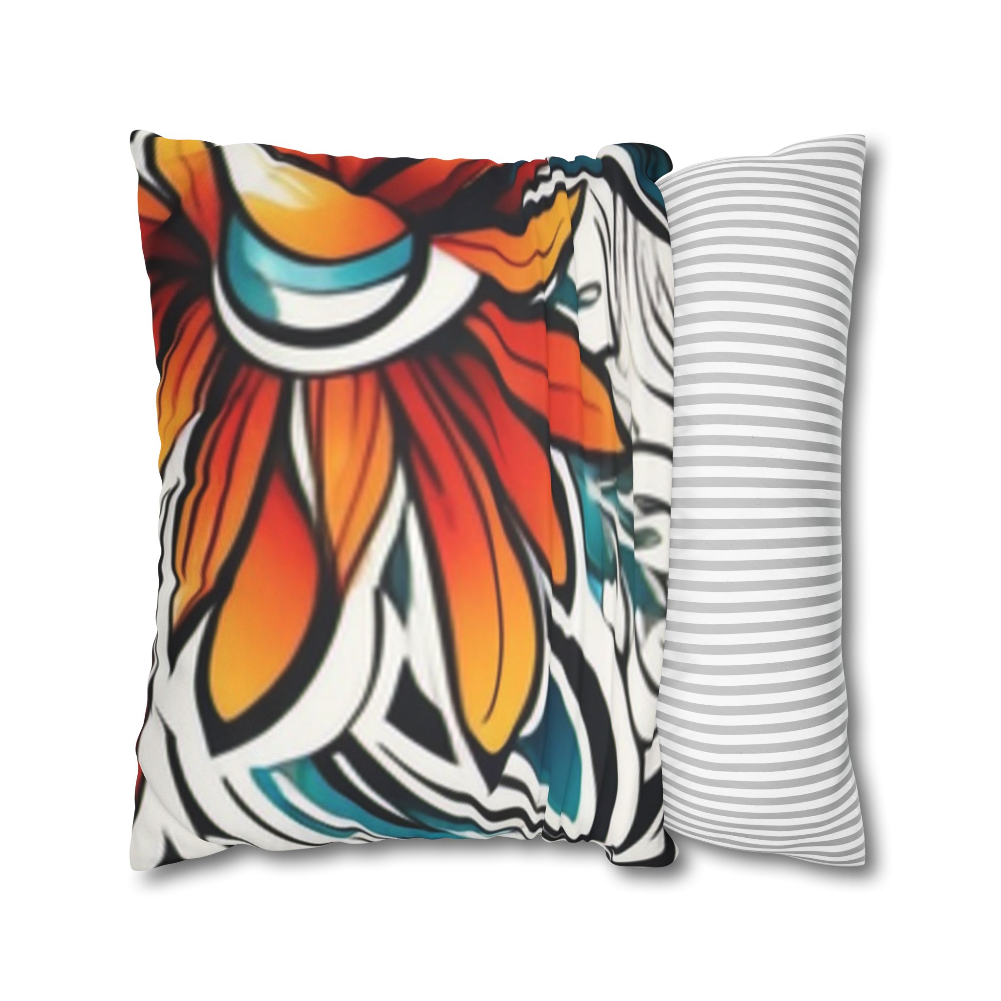 Boho Floral Throw Pillowcase — Colorful Orange Teal Faux Suede Square Pillow - Image 14