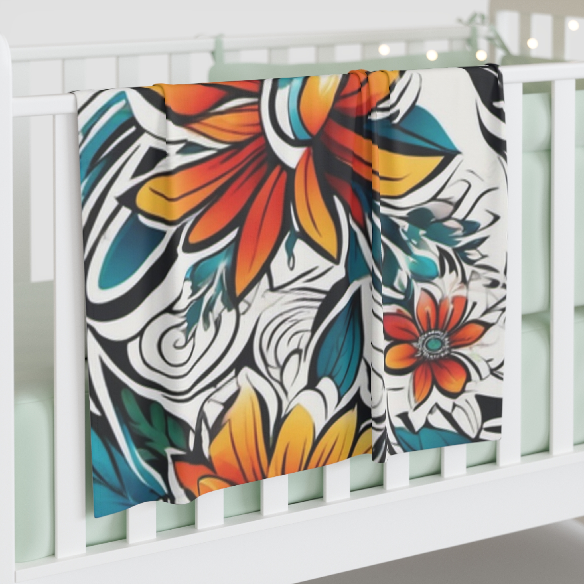 Floral Tropical Baby Swaddle Blanket — Bright Orange & Teal Hibiscus Print - Image 3