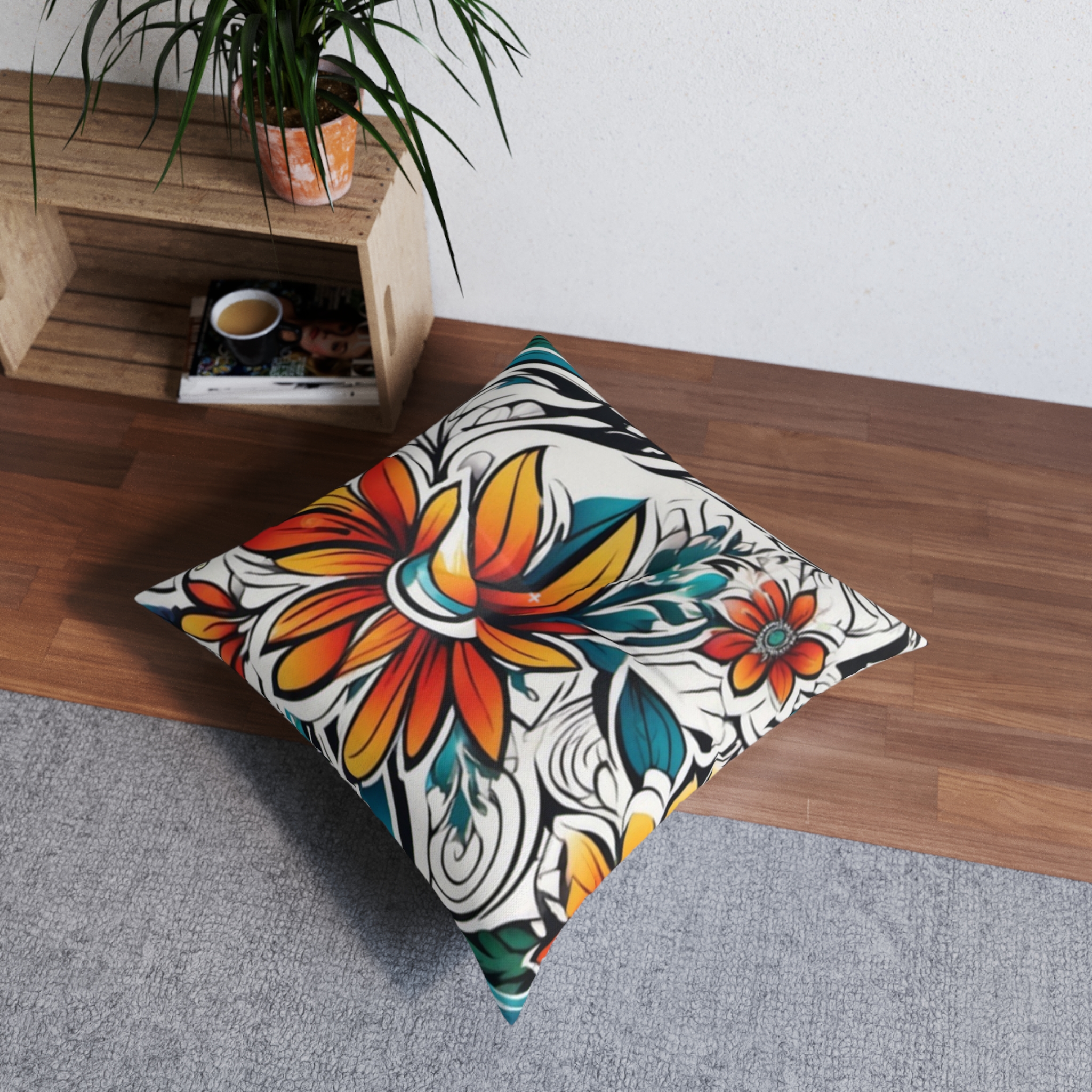 Boho Floral Tufted Floor Pillow – Vibrant Orange & Teal Square Cushion - Image 4