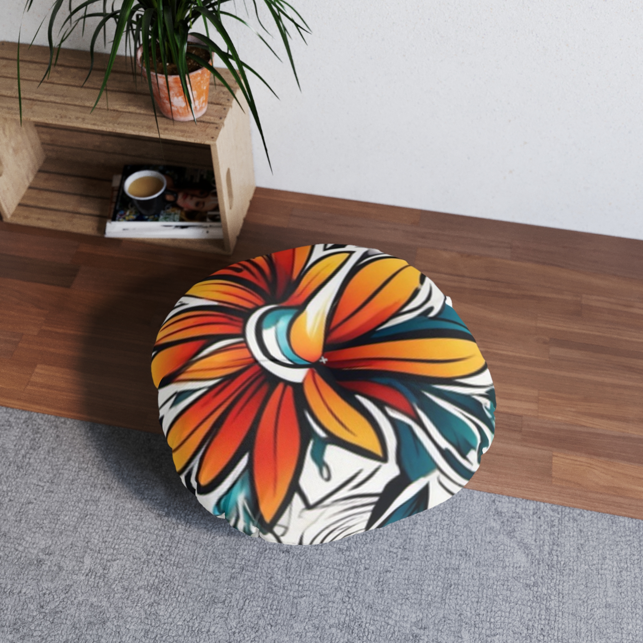 Round Tufted Floor Pillow — Vibrant Tropical Floral Cushion - Image 4