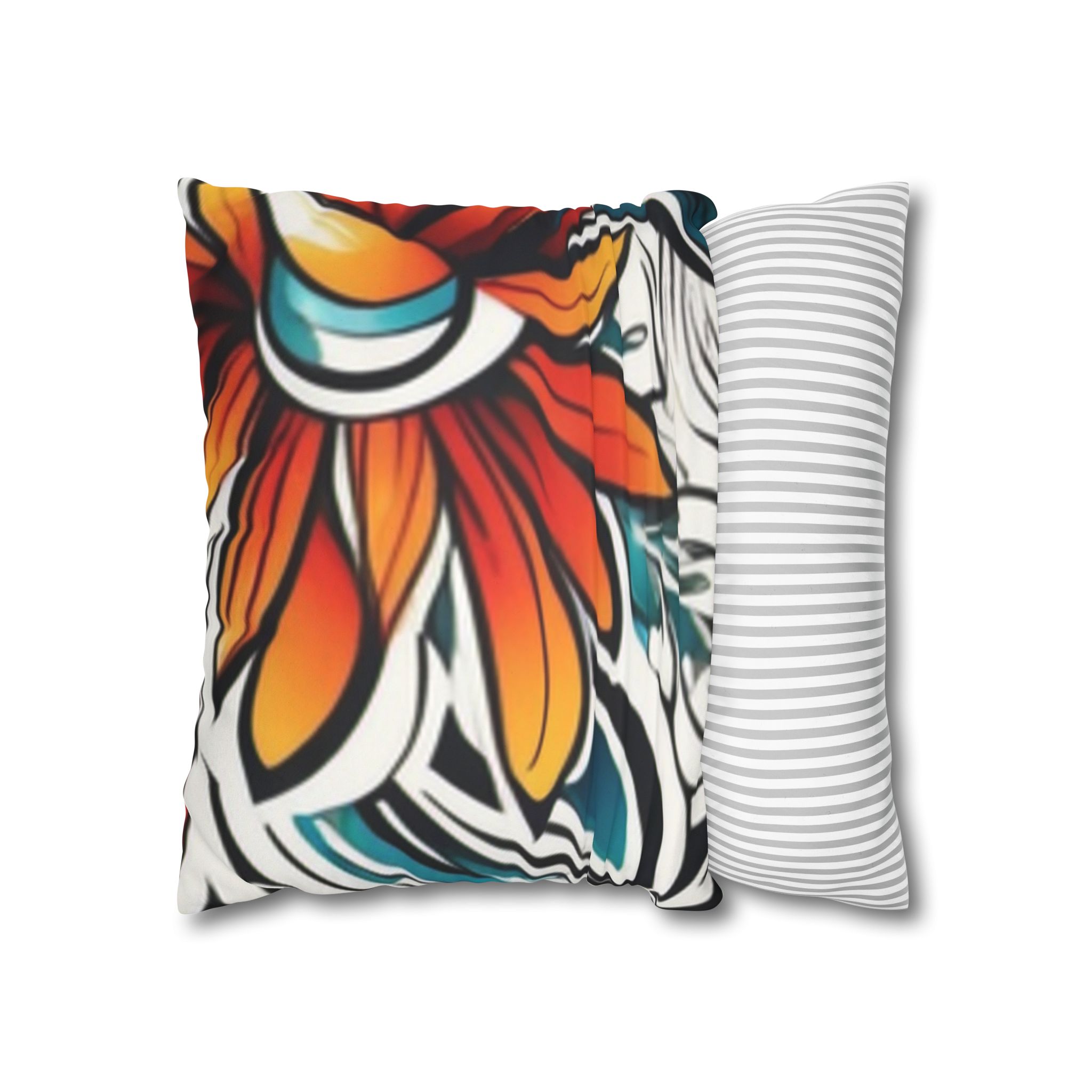 Boho Floral Throw Pillowcase — Colorful Orange Teal Faux Suede Square Pillow - Image 6
