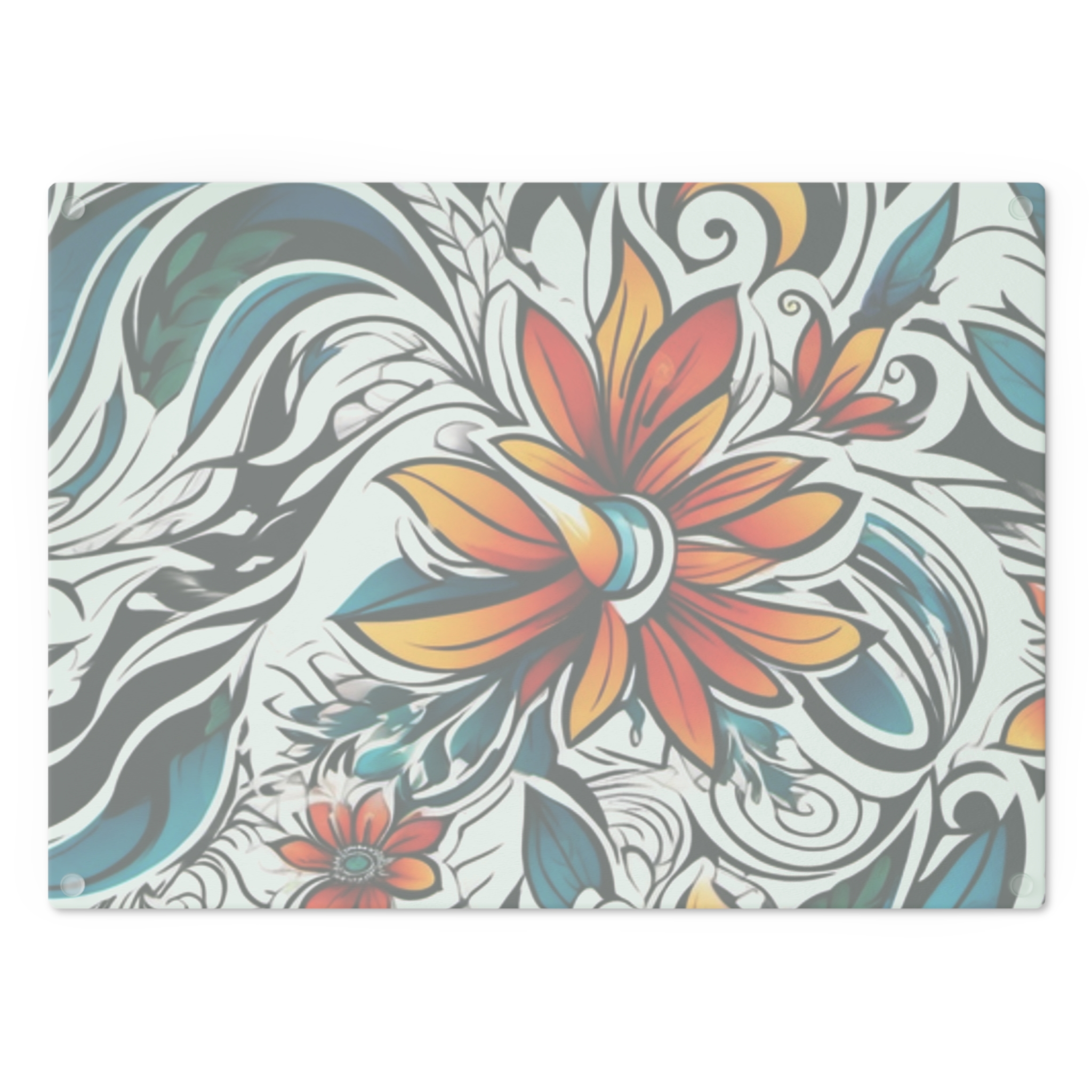 Floral Swirl Glass Cutting Board – Orange Teal Decorative Kitchen Board WILOMART - Image 3