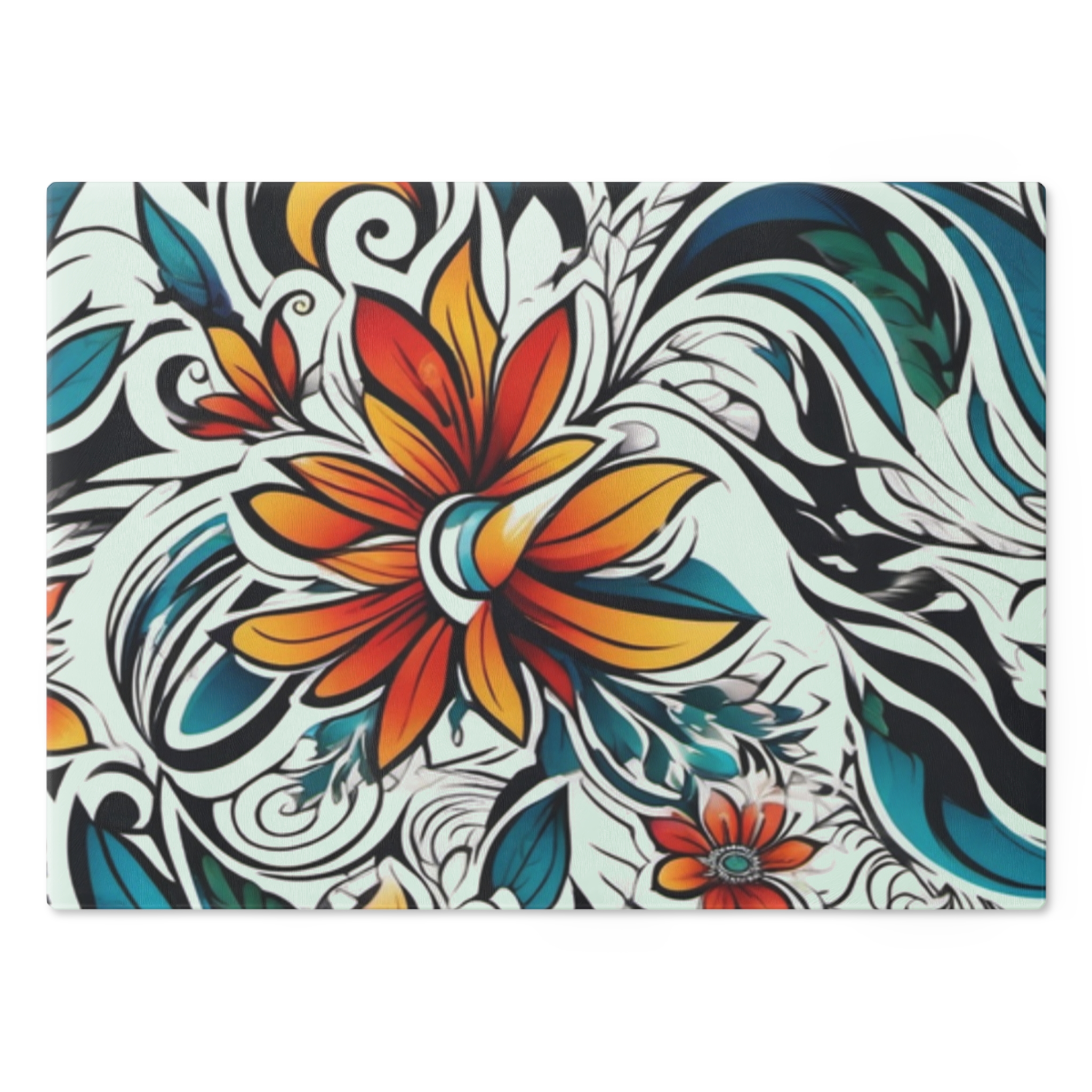 Floral Swirl Glass Cutting Board – Orange Teal Decorative Kitchen Board WILOMART - Image 2
