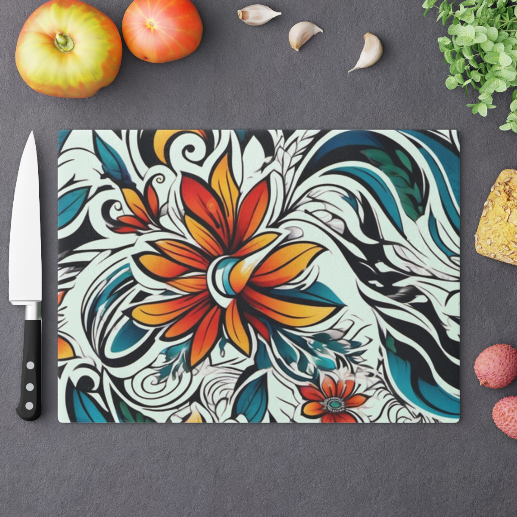 Floral Swirl Glass Cutting Board – Orange Teal Decorative Kitchen Board WILOMART - Image 5