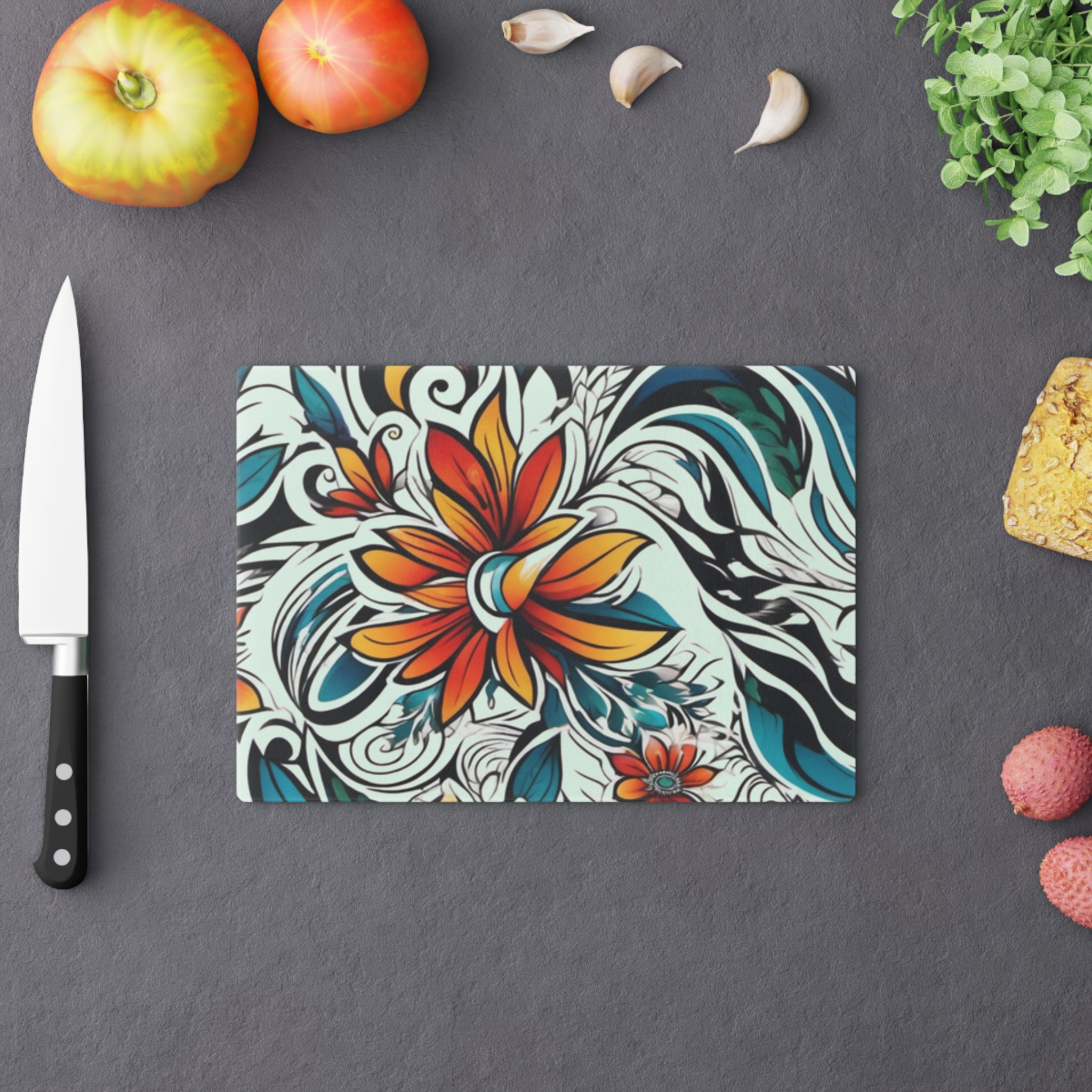 Floral Swirl Glass Cutting Board – Orange Teal Decorative Kitchen Board WILOMART - Image 10