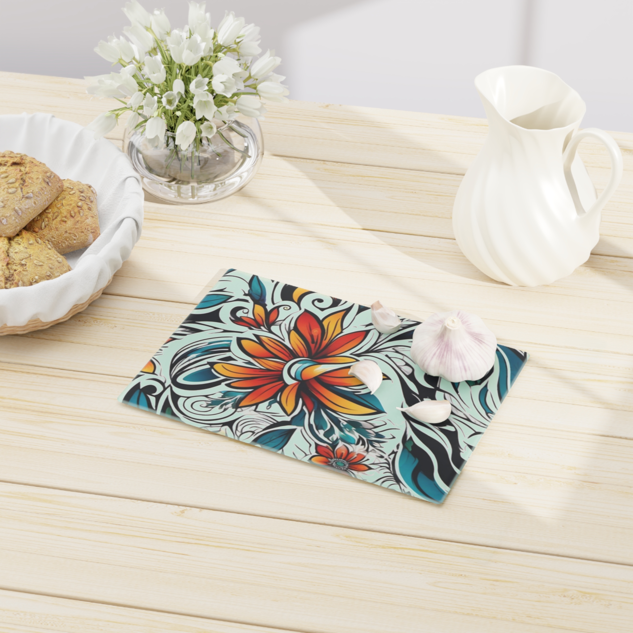 Floral Swirl Glass Cutting Board – Orange Teal Decorative Kitchen Board WILOMART - Image 9
