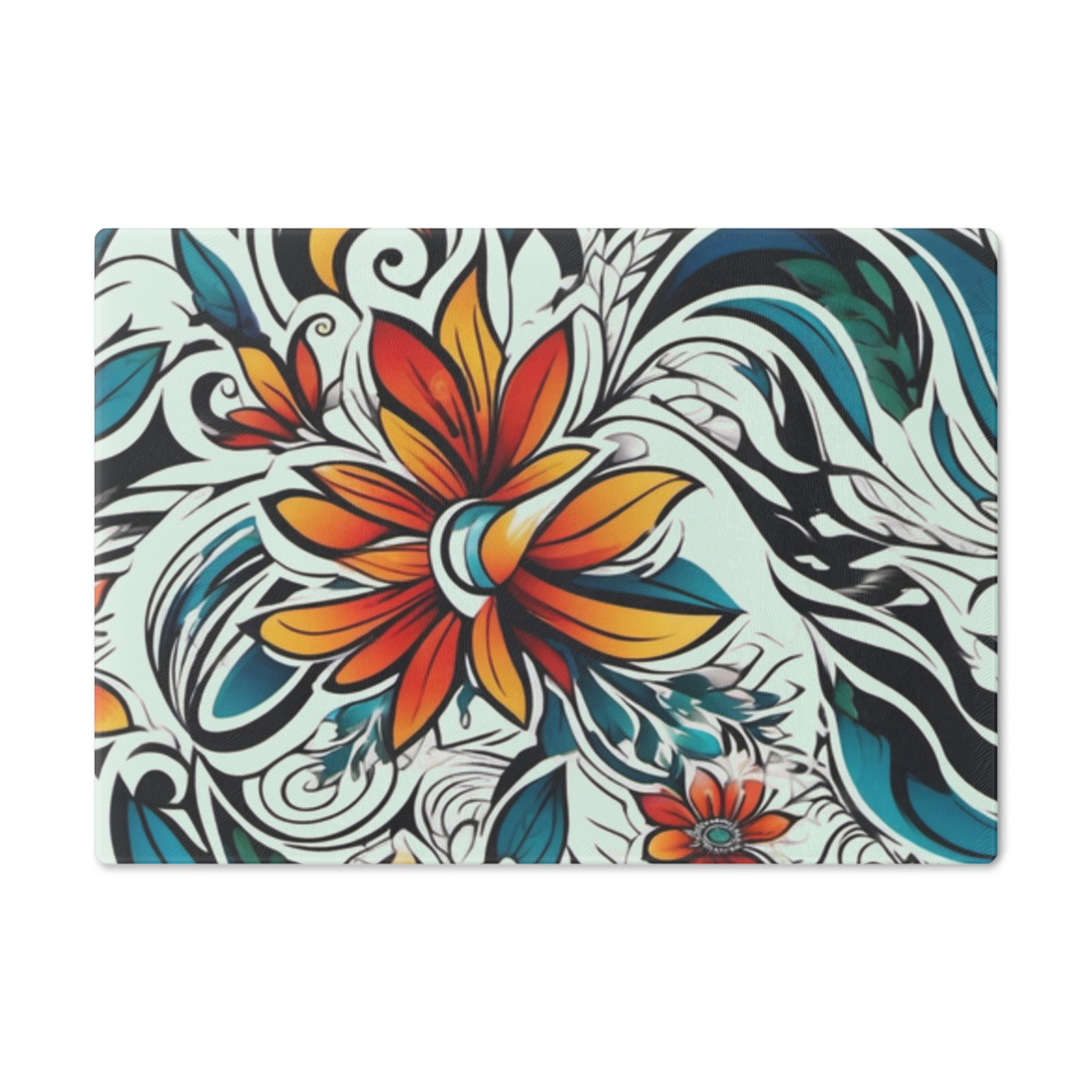 Floral Swirl Glass Cutting Board – Orange Teal Decorative Kitchen Board WILOMART - Image 6