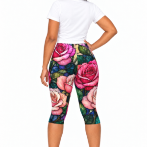 Pink Rose Floral Capri Leggings | All-Over Print Wilomart